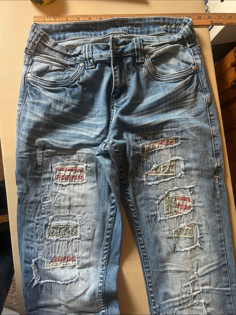 Cowgirl Tuff Light Blue Distressed Patchwork Boot Cut Jeans